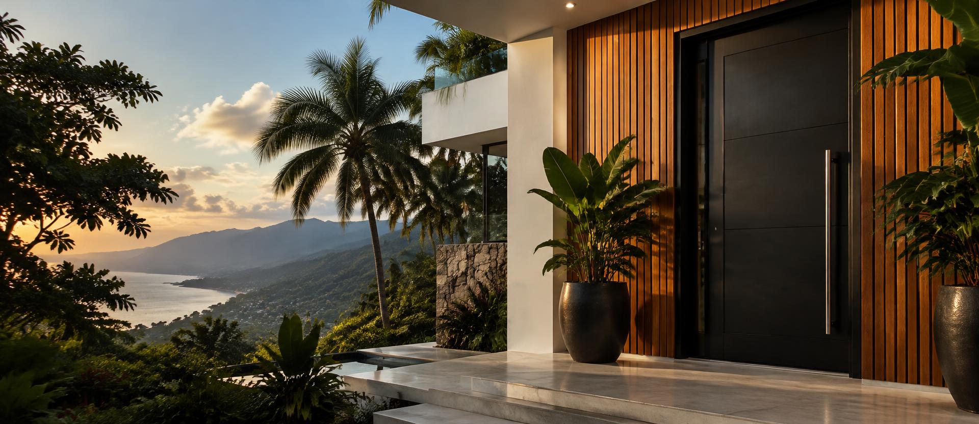Modern black front door on a tropical Jamaican home overlooking the mountains and sea
